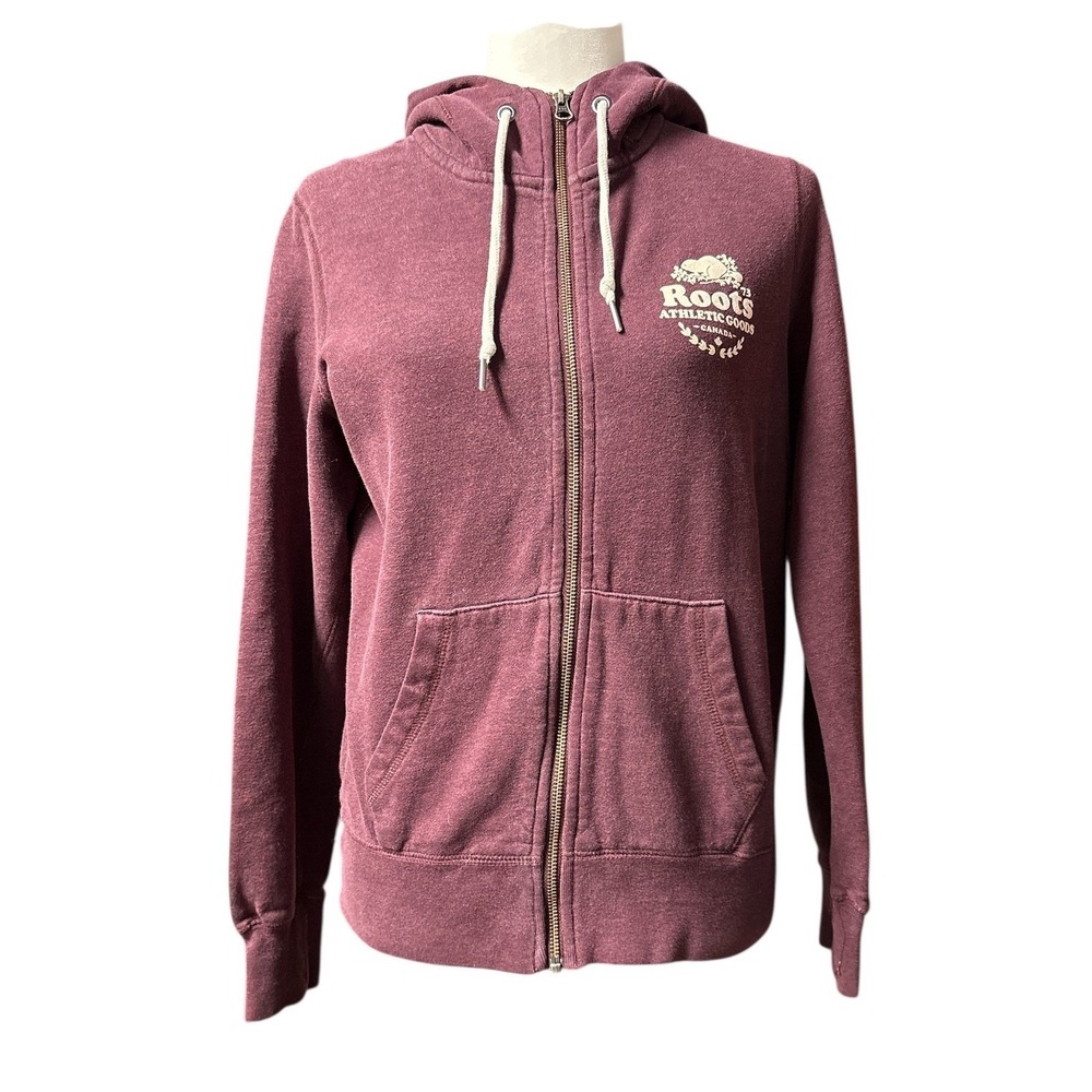 Roots Athletic Goods Women Maroon Full Zip Beaver Logo Hoodie‎ Sweatshirt Size M